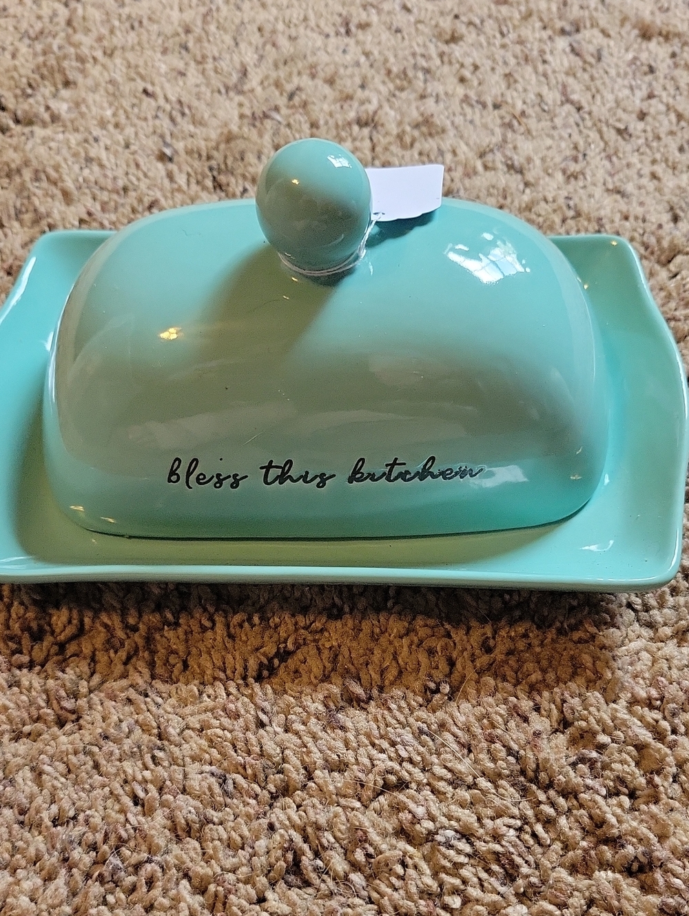 Aqua Ceramic Butter Dish - "Bless this kitchen" By Lily & Grace